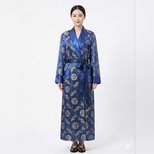 NWT Longevity Blue Silk Dragon & Phoenix Embroidered Full-Length Robe